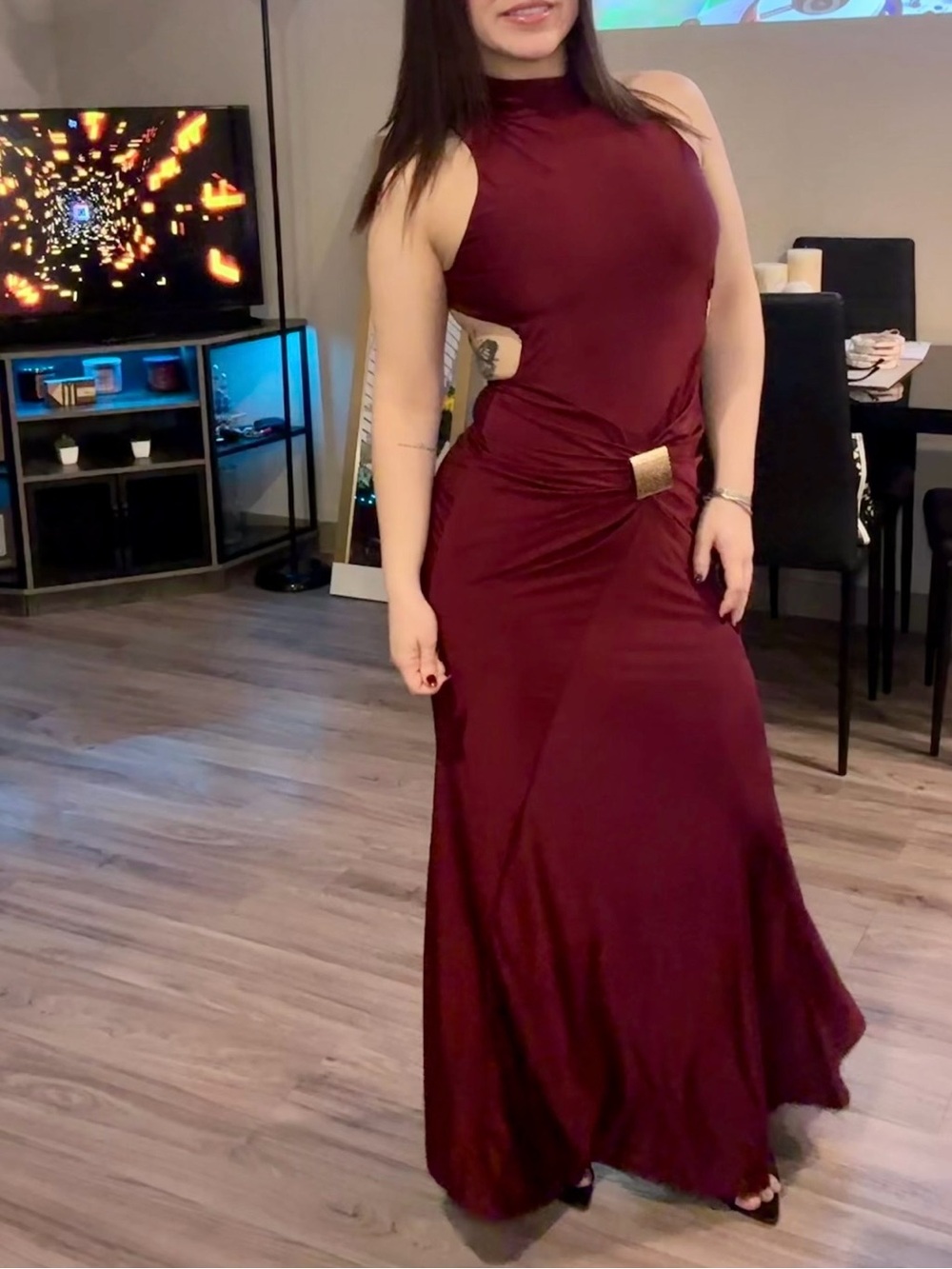 Elegant Burgundy High-Neck Evening Gown